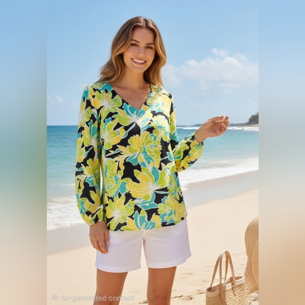 Pappagallo Floral V-Neck Blouse M Lightweight Wicking Long Sleeve Blue Green